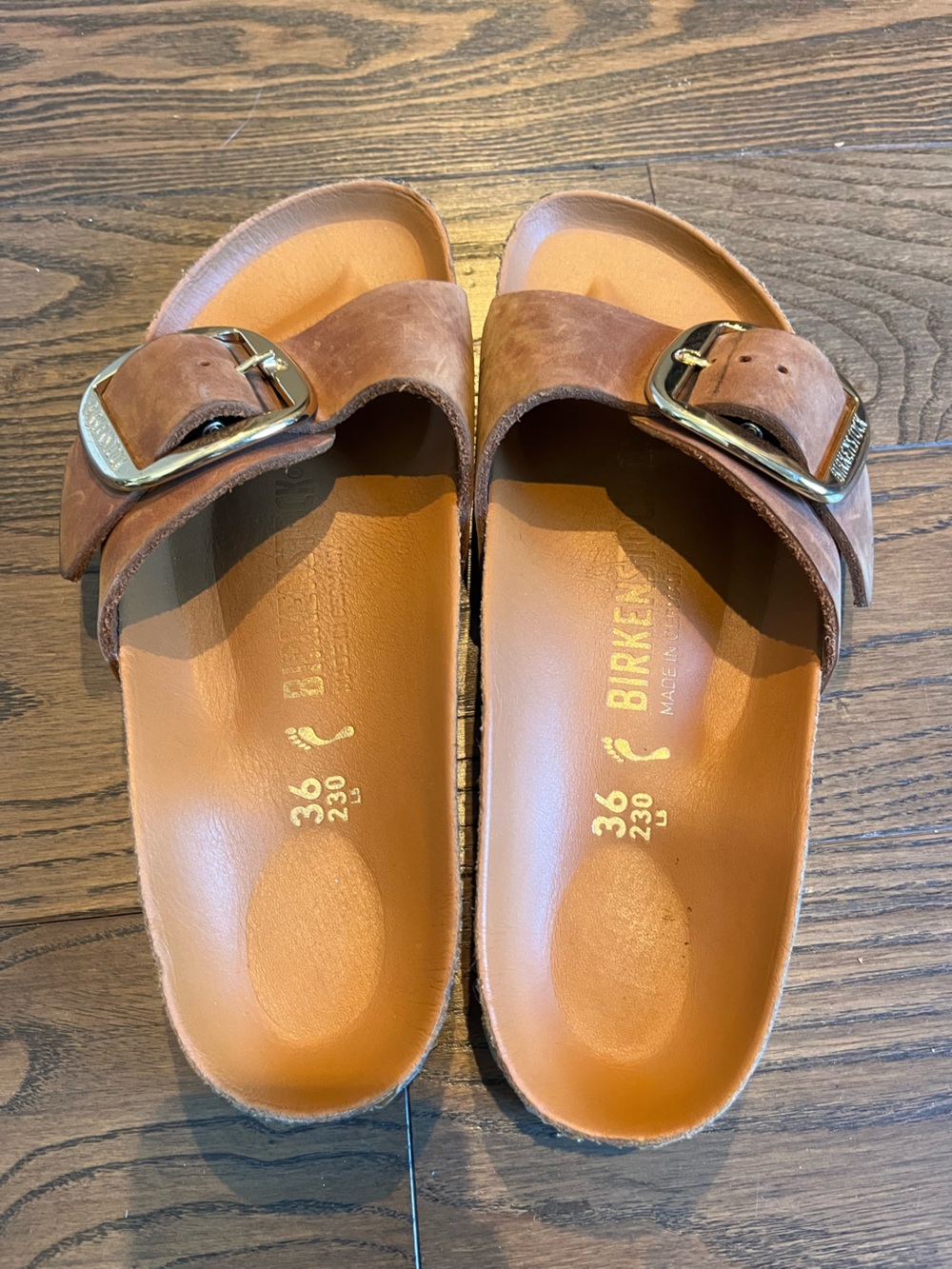 Birkenstock women’s Tan Leather Madrid Slide Sandals